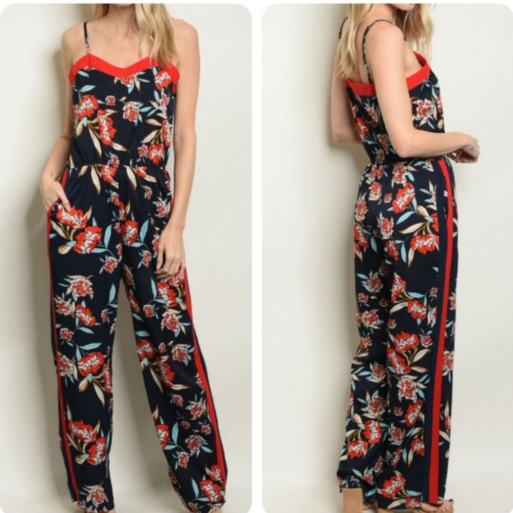 Navy red floral jumpsuit